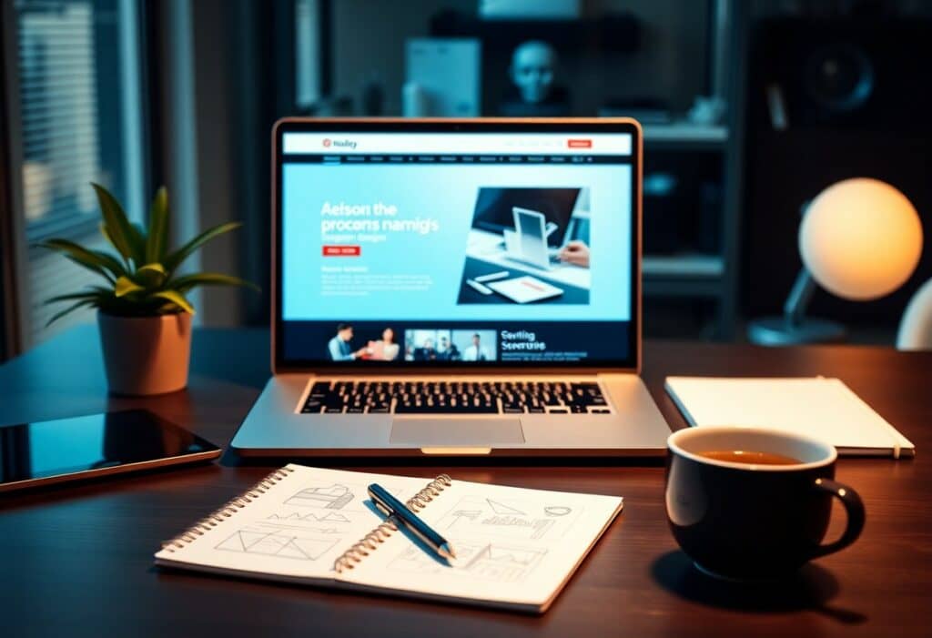 A laptop displaying a website is on a desk with a notebook, pen, coffee cup, potted plant, tablet, and desk lamp in a dimly lit office setting.