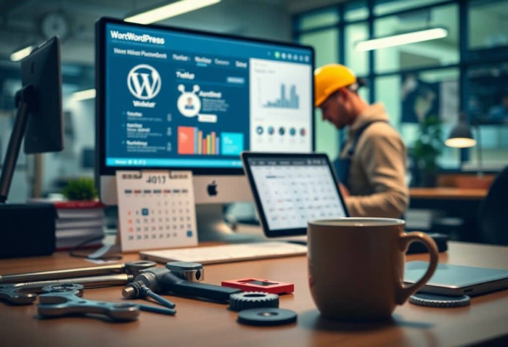 A desk with a computer displaying a WordPress dashboard, a calendar, tools, and a coffee mug; a person in a yellow hard hat works in the background.