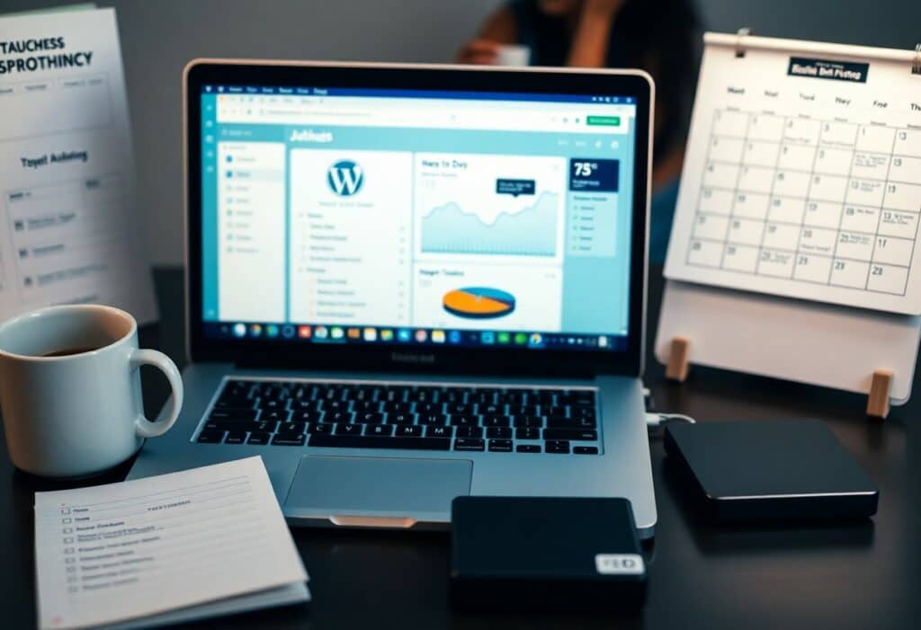 A laptop displaying analytics, a white mug, notepad, external drives, and a desk calendar are arranged on a dark desk.