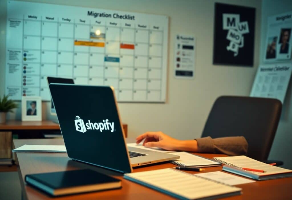 Person working at a desk with a laptop displaying the Shopify logo, notebooks, and a large migration checklist calendar on the wall in the background.