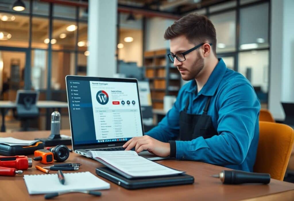 A man in a blue shirt works at a desk with tools, a notepad, and a laptop displaying a WordPress dashboard in a modern office setting.