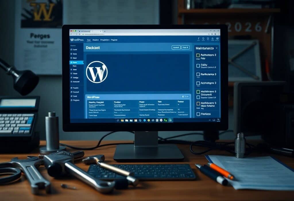 A desktop computer displays the WordPress dashboard. Various tools, papers, and stationery are scattered on a wooden desk in front of the monitor.