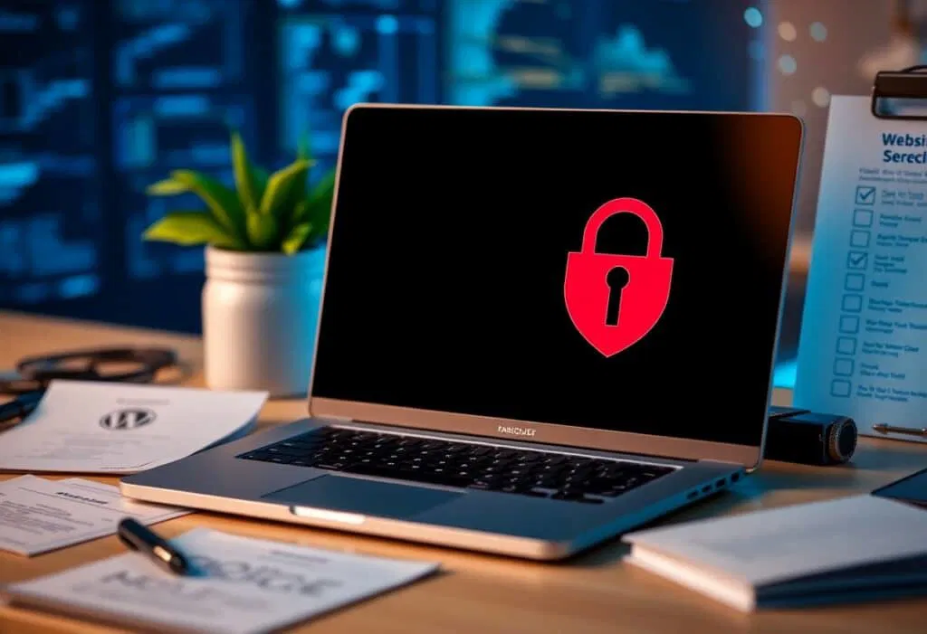A laptop on a desk displays a red padlock icon on its screen, indicating a security or privacy alert; office supplies and documents are visible around the workspace.