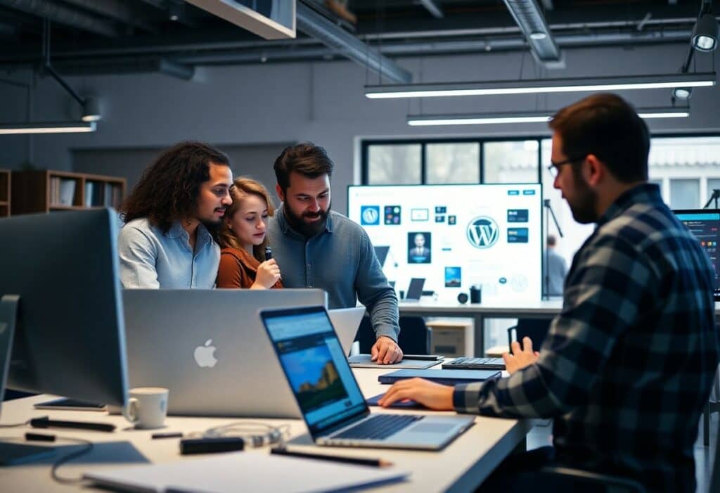 Four people work in a modern office with laptops and desktop monitors. Three collaborate at a desk while one person works separately. A large screen displays tech logos in the background.