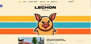 Website homepage for Original Cebu Lechon Seasoning featuring a cartoon pig illustration on a colorful striped background