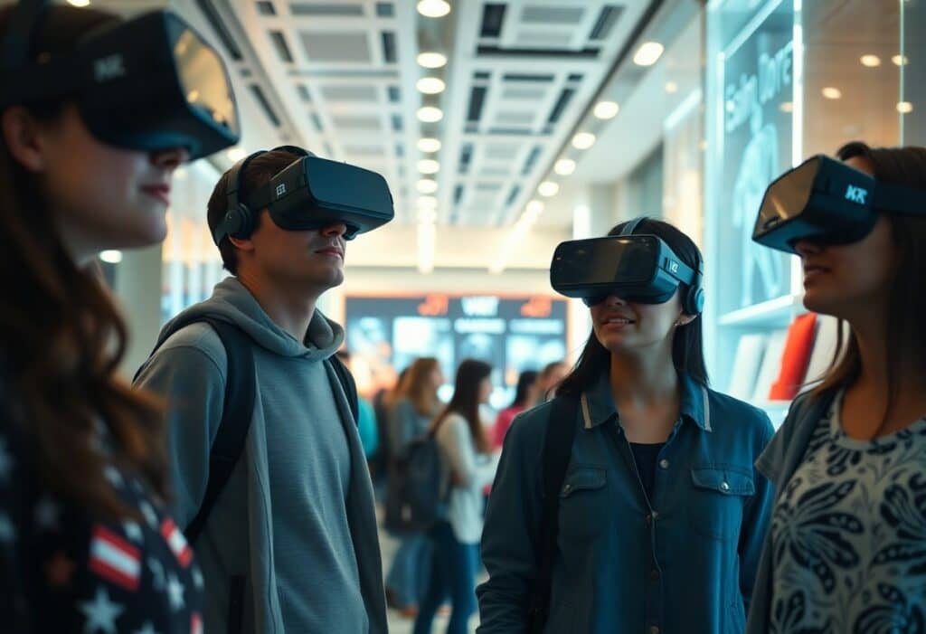 Four people wearing virtual reality headsets stand together in a brightly lit indoor space, possibly a mall or exhibition area, surrounded by other people.