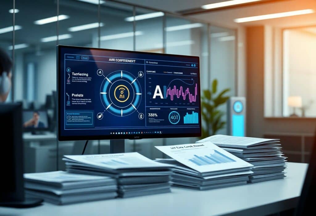 A computer monitor displays analytical graphs and data in an office setting, with stacks of printed reports on the desk nearby.