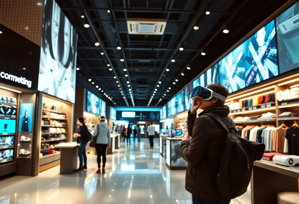A person wearing a virtual reality headset stands in a modern retail store with clothing and shoes displayed, while other shoppers walk through the aisle.