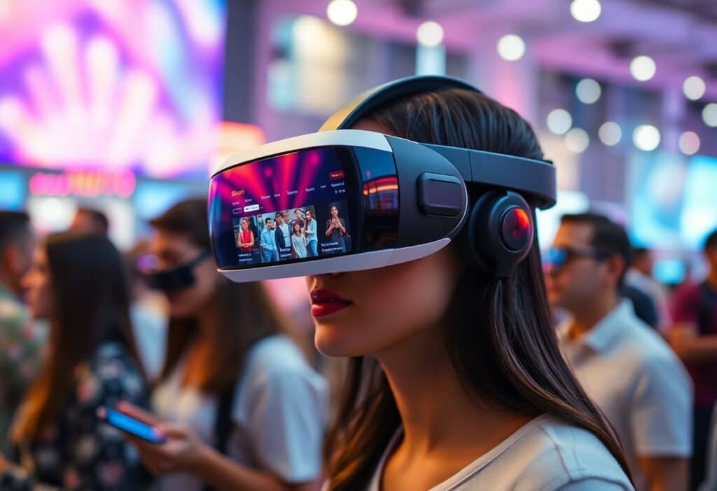 A woman wearing a virtual reality headset stands in a busy indoor setting with people and colorful lights in the background.