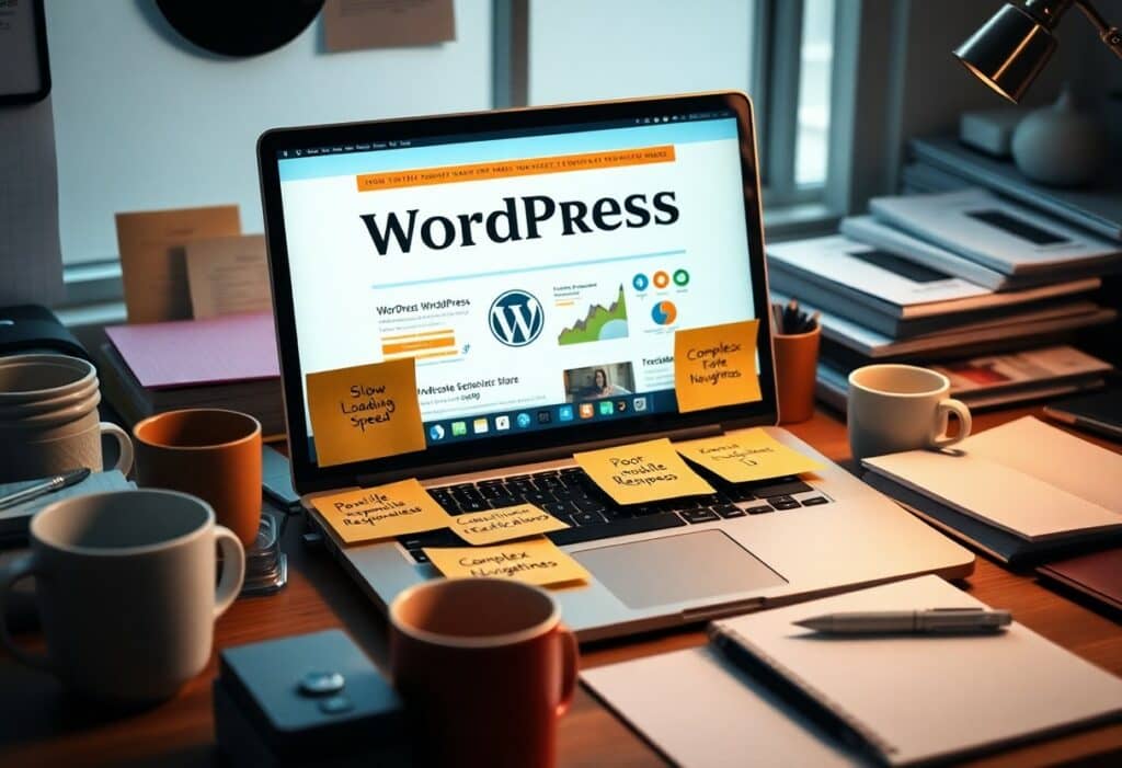 A laptop displaying a WordPress page surrounded by coffee mugs, notebooks, and sticky notes with handwritten tasks and reminders on a cluttered desk.