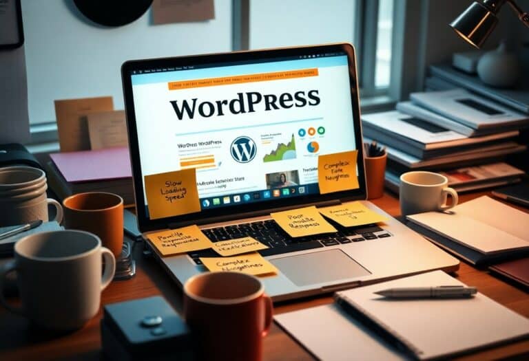 A laptop displaying a WordPress page surrounded by coffee mugs notebooks and sticky notes with handwritten tasks and reminders on a cluttered desk
