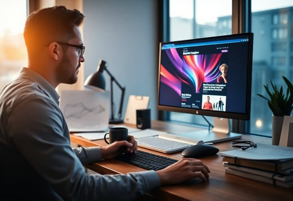 A man sits at a desk using a desktop computer, holding a cup, with design sketches and office supplies visible, and a cityscape outside the window.