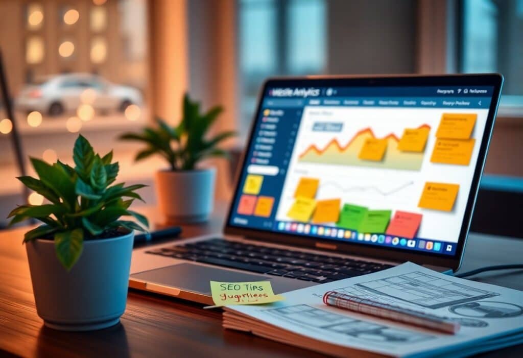 A laptop displaying website analytics sits on a desk with potted plants, papers, a notebook, and a sticky note labeled “SEO tips.”.