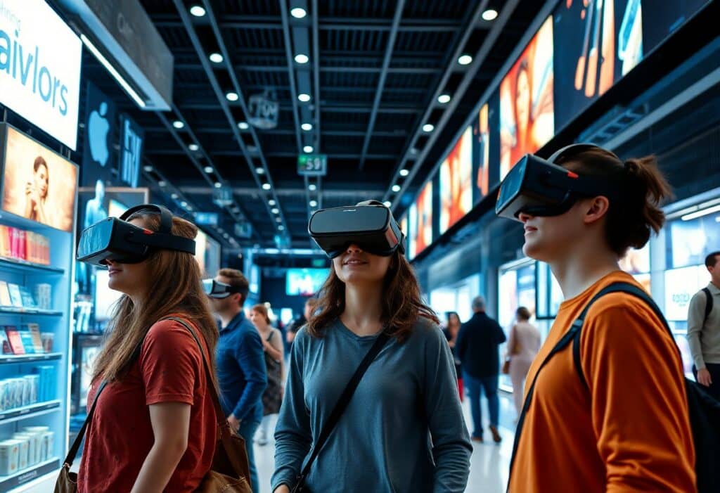 Three people wearing virtual reality headsets stand inside a modern electronics store, surrounded by digital screens and product displays.