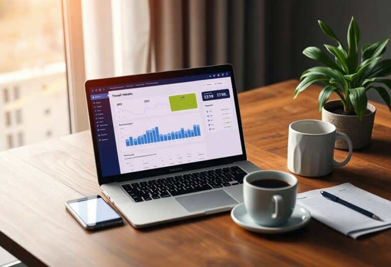 A laptop displaying a data analytics dashboard sits on a wooden desk with a smartphone a cup of coffee a notepad with a pen and a potted plant nearby
