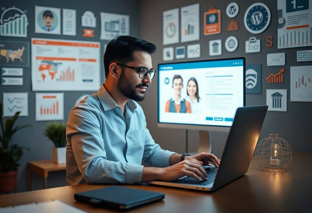 Man in an office works on a laptop at a desk, with charts on the wall and a computer monitor displaying a profile page in the background.