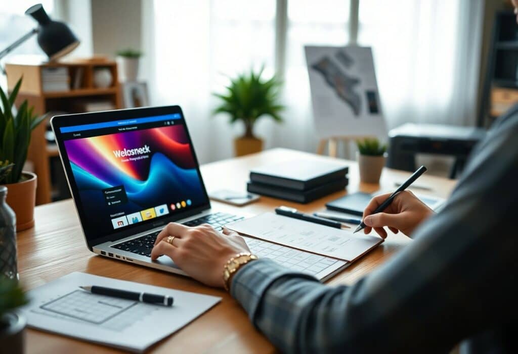 Person working at a desk with a laptop displaying a website design, surrounded by notebooks, papers, and potted plants in a bright, modern office.