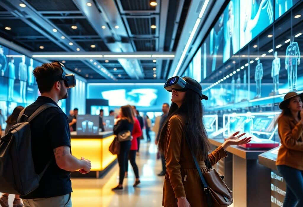 People wearing VR headsets interact in a modern, high-tech exhibition space with digital displays and transparent screens.