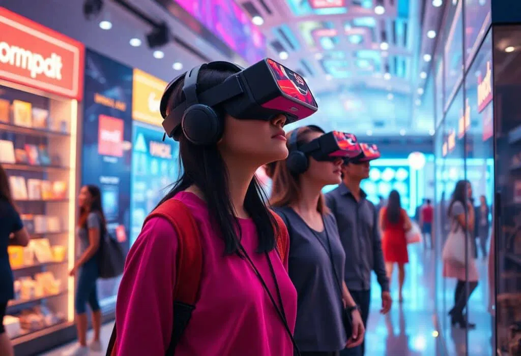 A group of people wearing virtual reality headsets stand in a brightly lit, modern shopping mall.