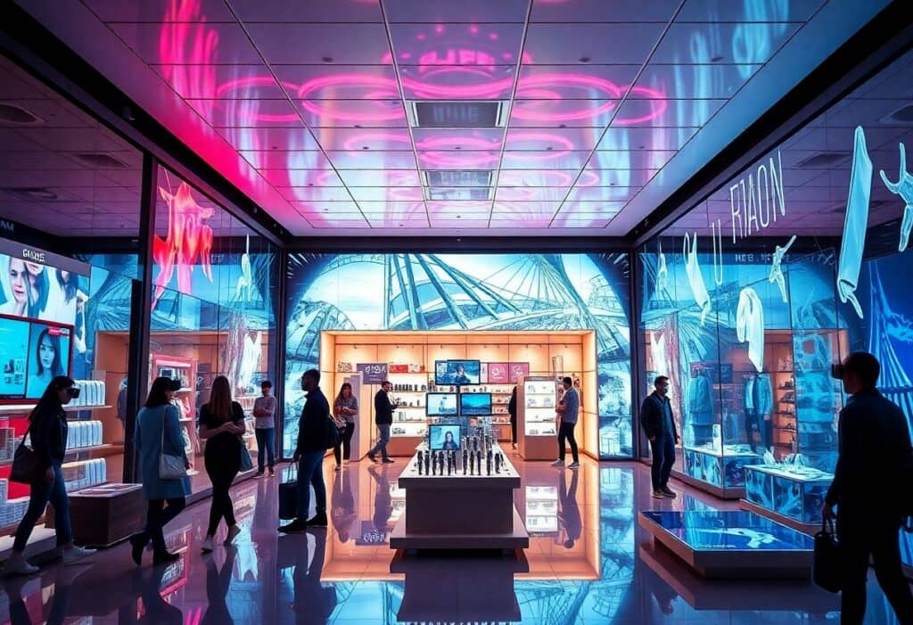 People walk through a modern, brightly lit retail store with digital displays, glass shelves, and various merchandise on display. Neon and blue lighting create a futuristic atmosphere.