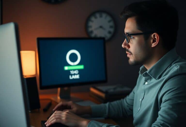 A man works at a computer in a dimly lit room with a monitor behind him displaying a loading screen and two clocks on the wall