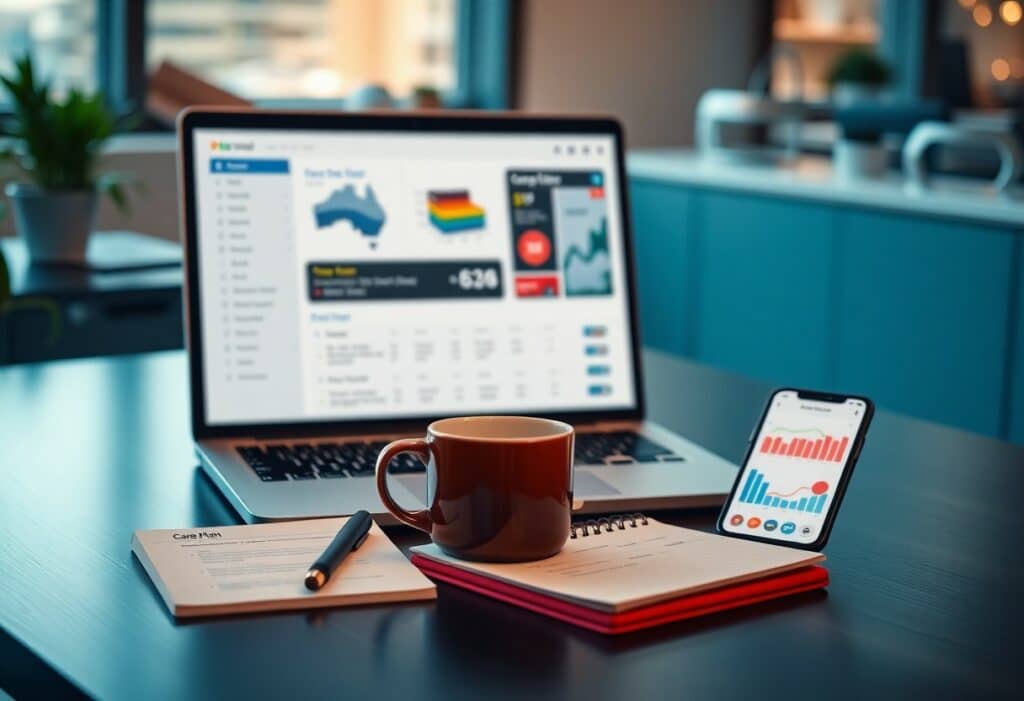 A laptop displaying graphs and analytics, a smartphone with charts, a coffee mug, pen, and notepads on a modern office desk.