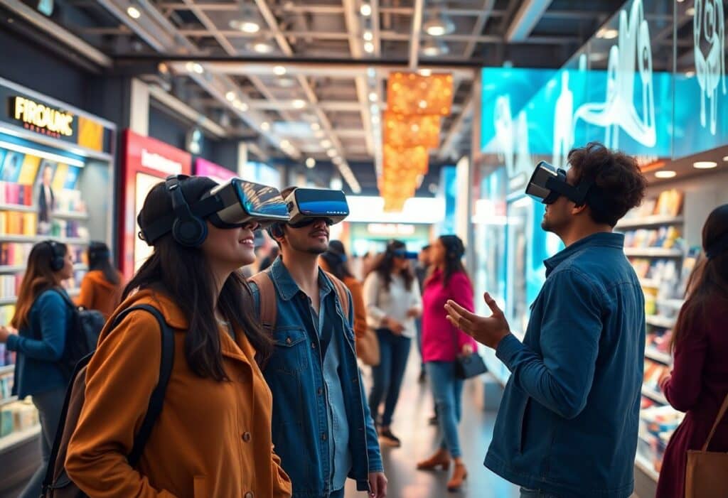 Several people wearing VR headsets stand and interact inside a busy modern retail store with bright displays and shelves in the background.