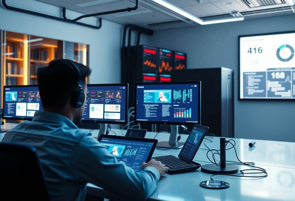 A person sits at a desk in a control room, monitoring multiple computer screens displaying data and graphs, with large display boards on the wall.