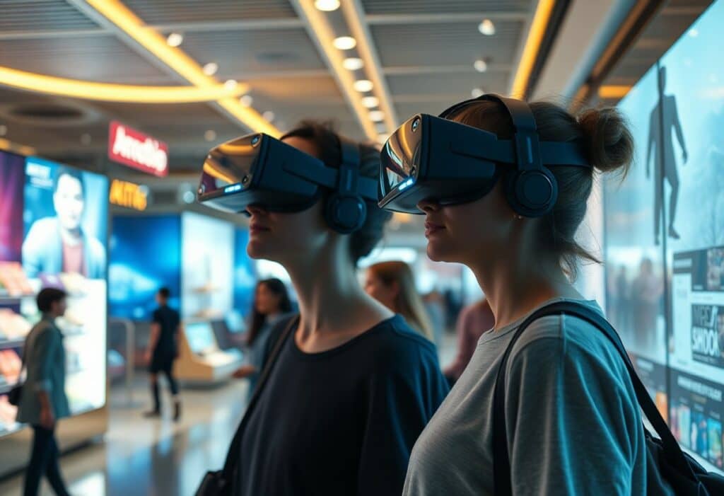 Two people wearing virtual reality headsets stand in a modern indoor public space with digital screens and people in the background.