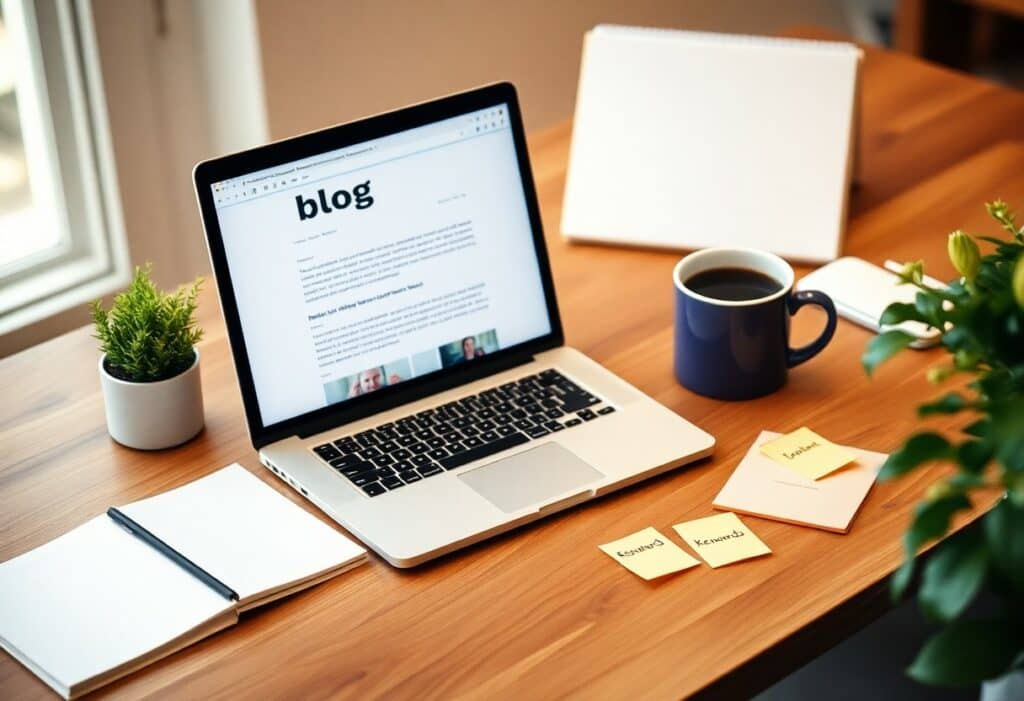 A laptop displaying a blog sits on a wooden desk alongside a cup of coffee, notepad, pen, sticky notes, and a small potted plant.