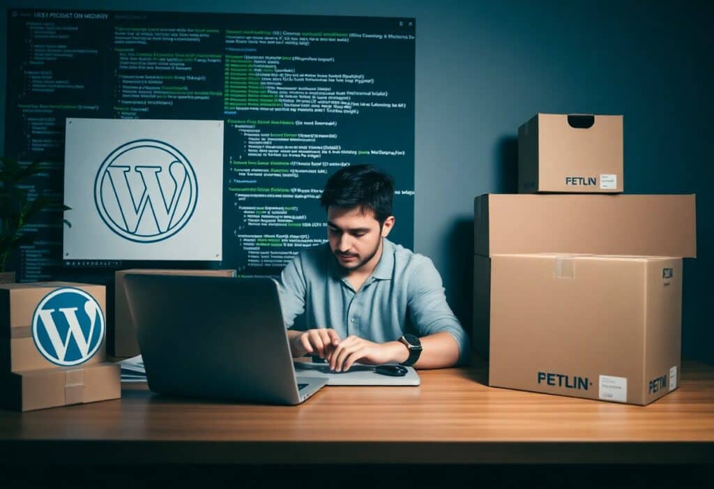 A man works on a laptop at a desk with several cardboard boxes nearby; behind him are two WordPress logos and a screen displaying code.