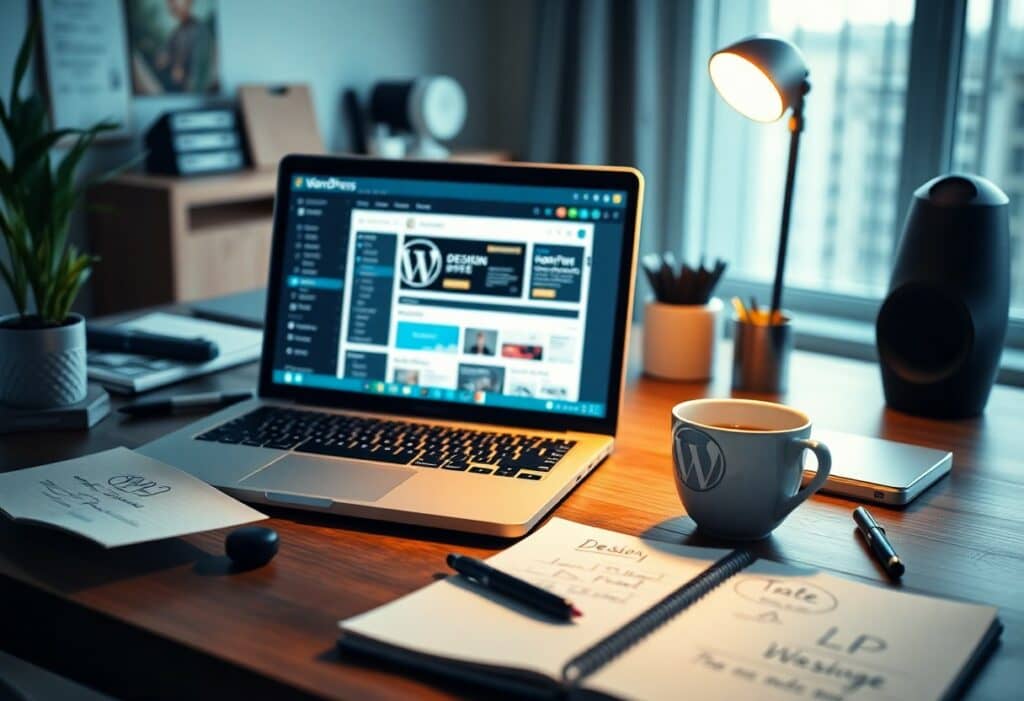 A laptop displaying the WordPress dashboard sits on a desk with a lamp, coffee mug, notepads, and papers in a home office setting.