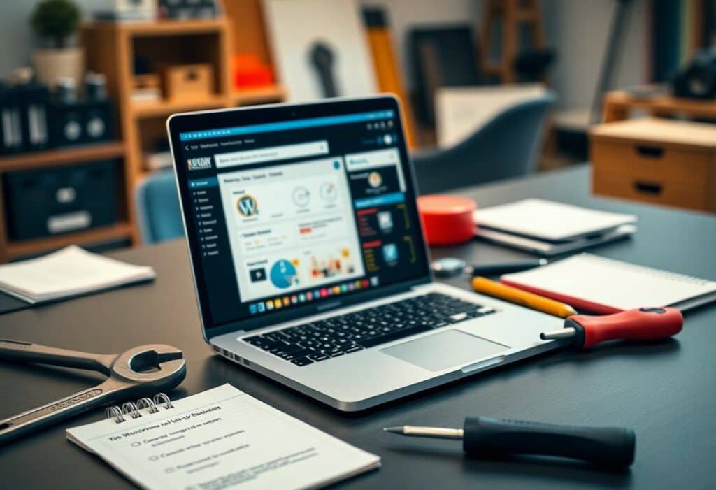 A laptop displaying a website is on a desk with tools, a notebook, and a pen, suggesting a workspace for web development or computer repair.