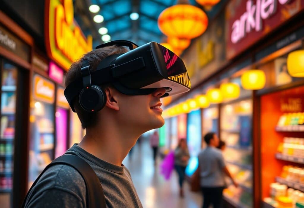 A person wearing a virtual reality headset stands in a brightly lit indoor shopping area with colorful lights and storefronts.